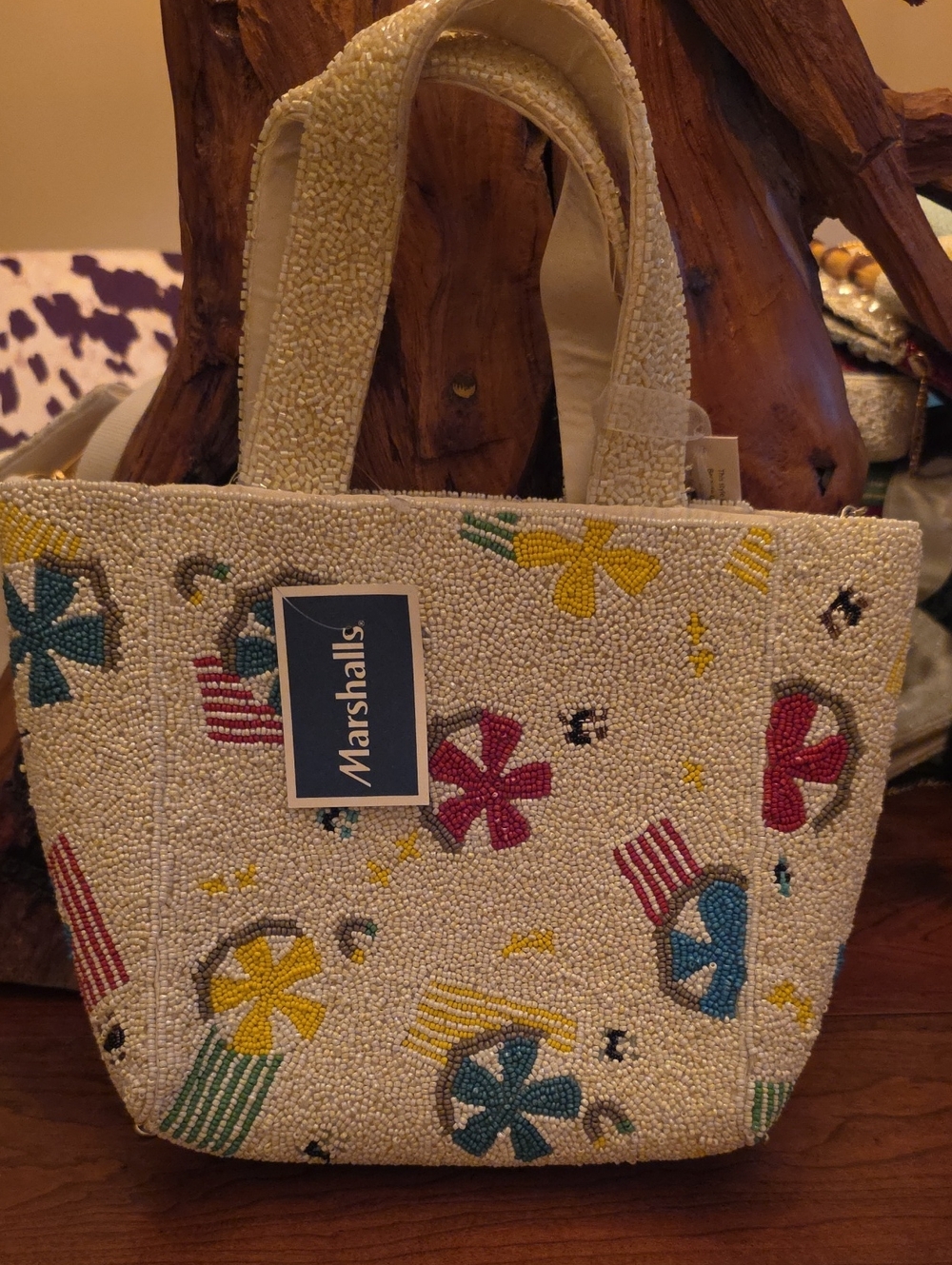 Marshalls Cream Beaded Tote with Multicolor Floral Motifs